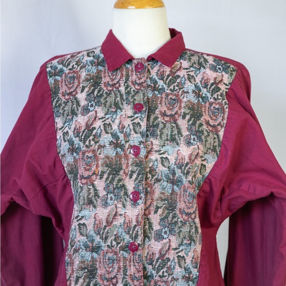 980's Burgundy Jacquard Tapestry Blouse with Victorian Floral Panels - Picture 2 of 8